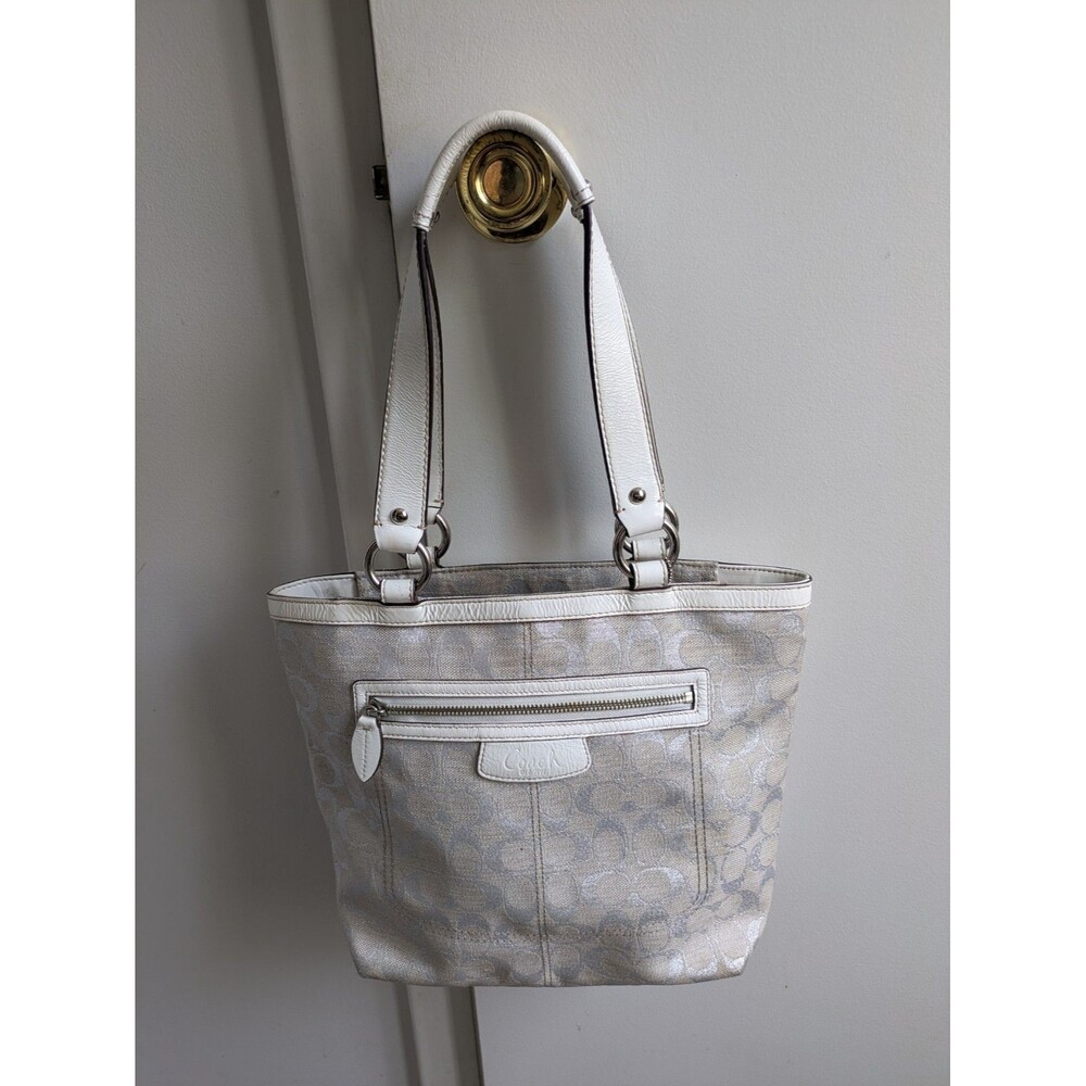 COACH Signature White Silver Canvas / Leather Tote Shoulder Bag Purse 20261E